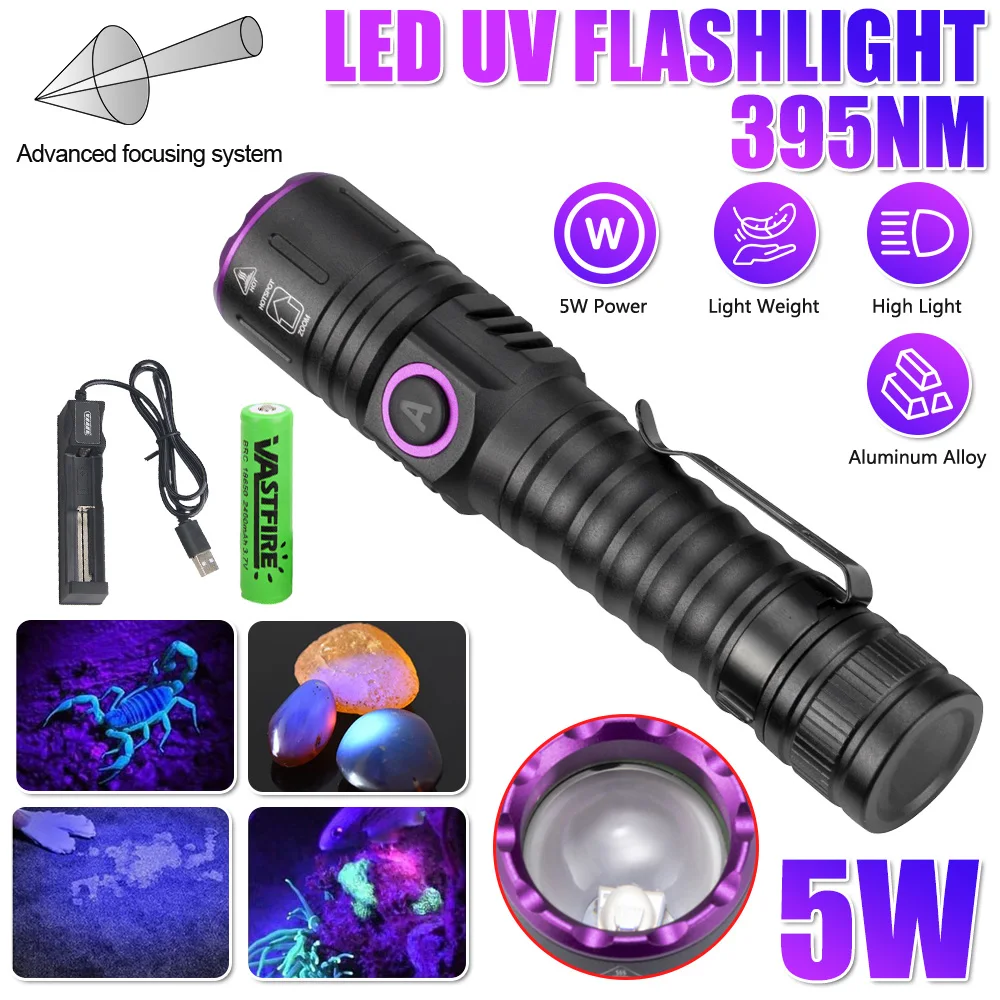 365nm/395nm UV Flashlight Portable Ultraviolet Zoomable Violet Light Pet Urine Scorpion Detector