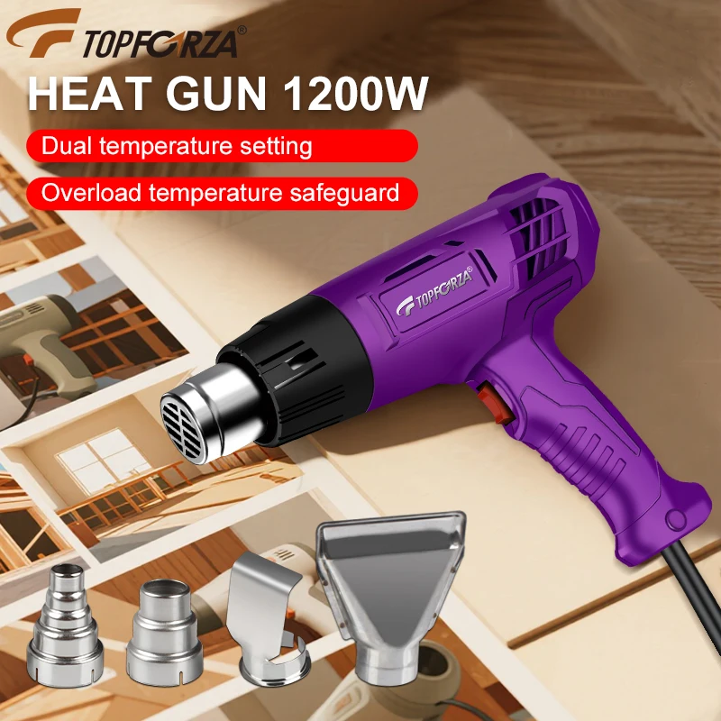 Mini Industrial Heat Gun, 1200W Dual Temperature Adjustable 300°C/600°C Hot Air Blower with 4 Nozzles for Shrink Wrap & Repair