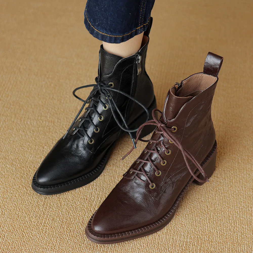 Women's sheepskin lace-up autumn ankle boots 5cm thick med heel round toe side zip casual female marton boots short booties shoe