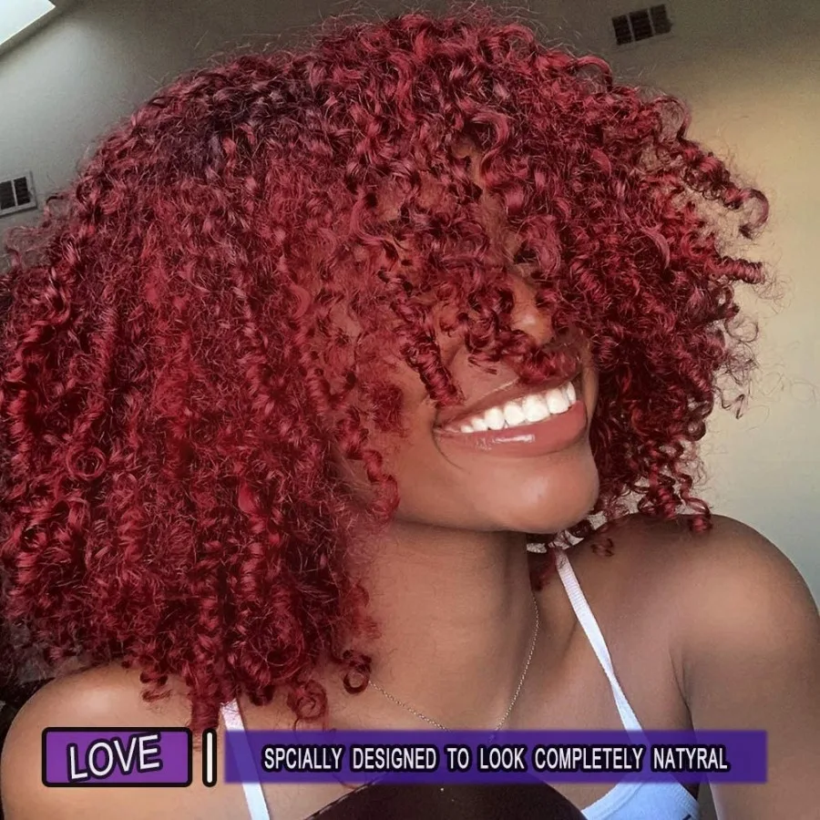 YEAME شعر مستعار أفرو مجعد للنساء شعر مستعار أفرو مجعد مع الانفجارات في اللون العنابي الاصطناعية تأثيري الباروكات مثالية لمرحلة الأداء
