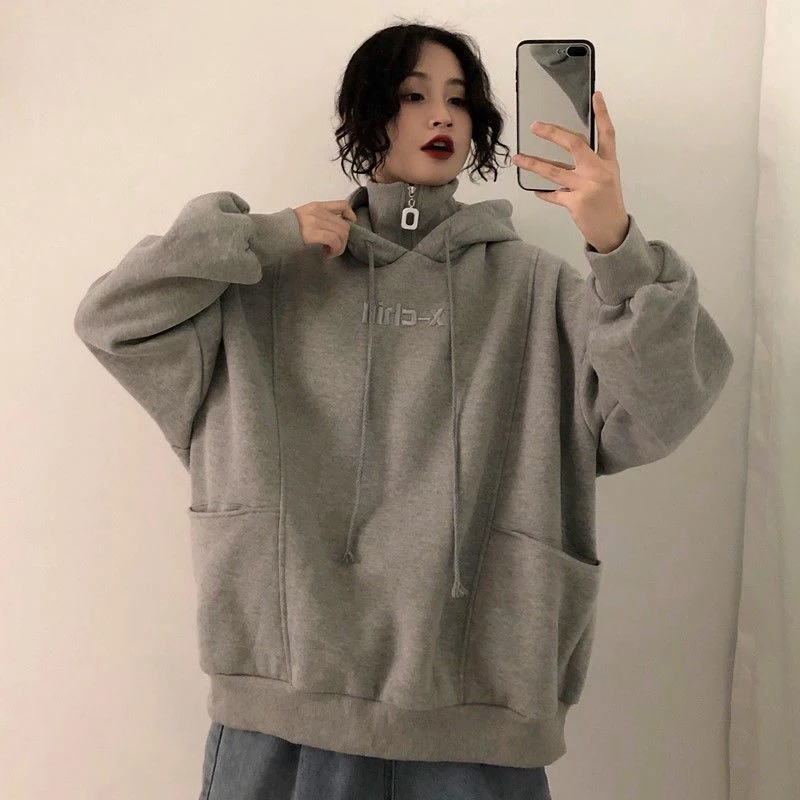 

Autumn Fashion Korean Hoodies Women Winter Thick Warm Letter Embroidery Long Sleeve Pullover Loose Chic All Match Sweatshirts
