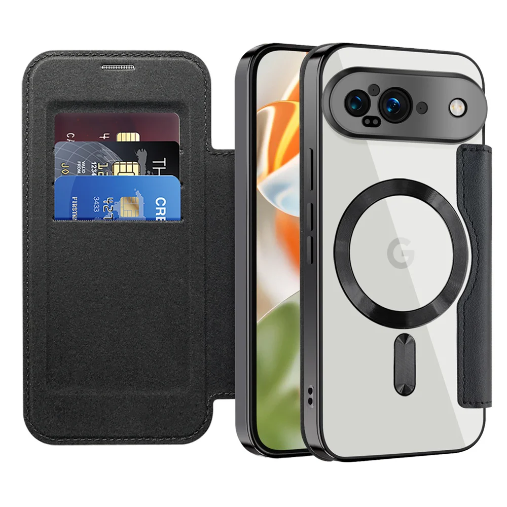 

Luxury Leather Wallet Card Clear Magnetic Case For Google Pixel 10 9 Pro XL 9A 8A 7A Plating Frame Wireless Charge Flip Cover