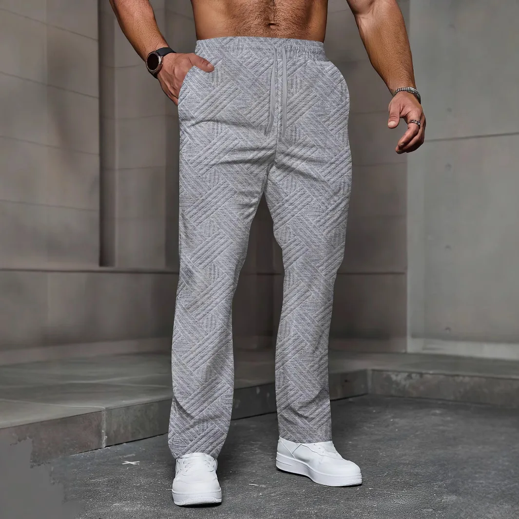 Men's sporty casual trousers, fashionable jacquard elastic waist street pants, solid-color loose all-season pants