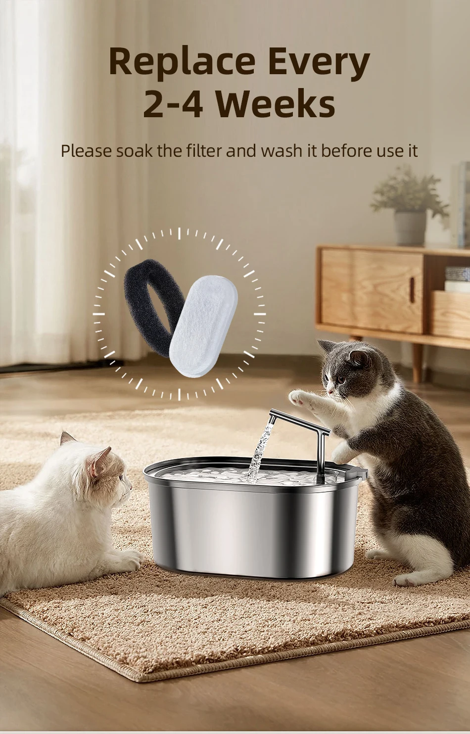 ROJECO Katze Brunnen Filter Für 3,2 L Edelstahl Katze Wasser Brunnen Pet Wasser Dispenser Ersatz Aktivkohle Filter – Detail 2