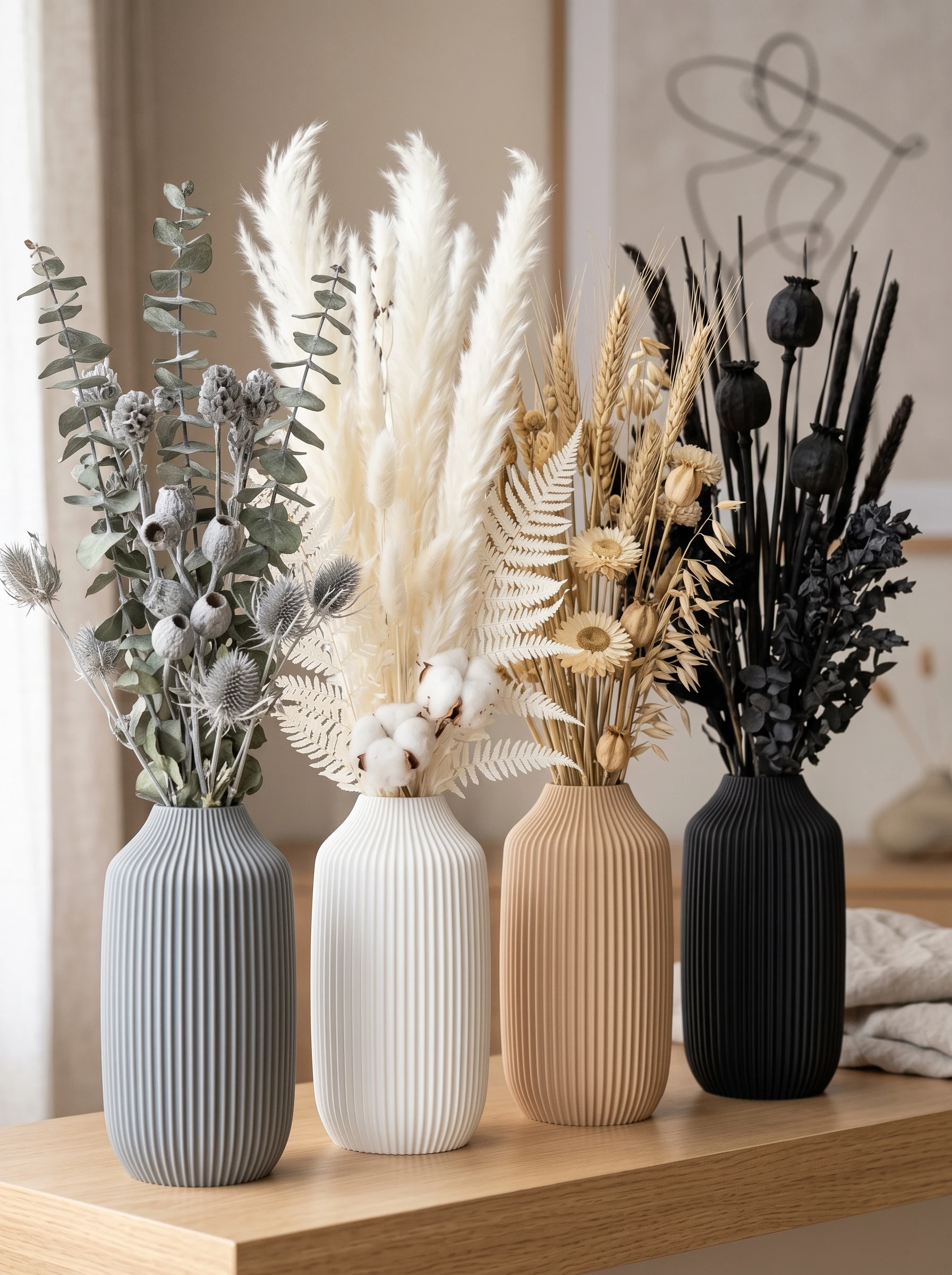 1pc Modern Minimal Matte Flower Vase, Vertical Ribbed Slender Neck Vase for Pampas Grass Faux Flowers, Home Office Wedding Decor