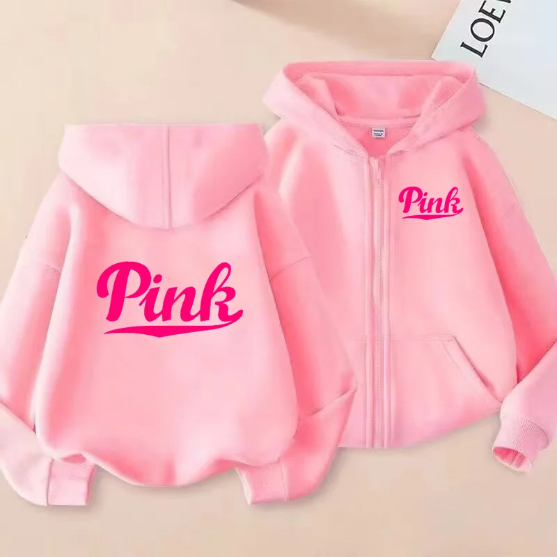 

Children's Pink Letter Pink Clothes Zipper Style Long Sleeve Hoodie Girls Boy Top 3-12Yrs Leisure Sweatshirt Fashion Sports Coat