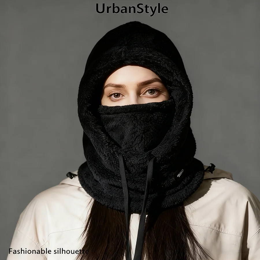Winter Plush Balaclava Hat for Women Ear Protection Adjustable Drawstring Thick Warm Integrated Outdoor Motorcycle Riding Hat