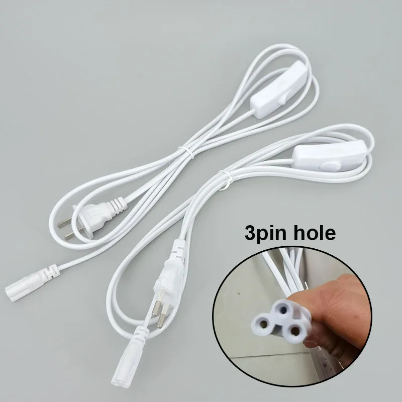 LED 튜브용 전원 케이블, 3 핀 홀, 충전 와이어 연결, ON/OFF 스위치, 조명 액세서리, 220V, EU 미국 플러그