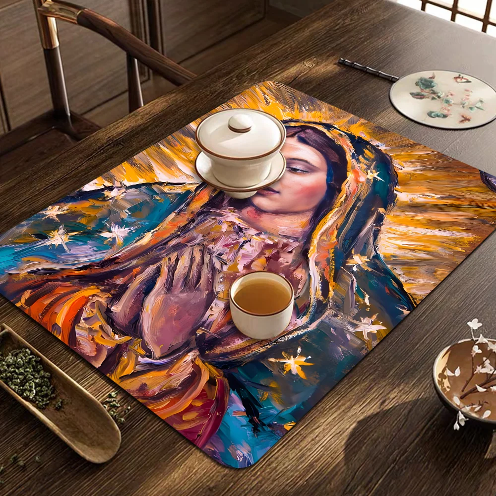 

Virgin Mary Art Madame Guadalupe Canvas Painting Super Absorbent Coffee Mat Dish Draining Mat Large Kitchen Drying Mat Quick Dry