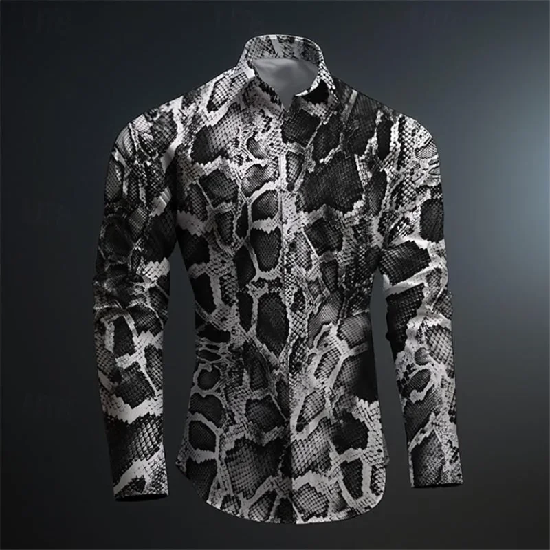 Men's Personalized Natural Imitation Leather Color Matching Snakeskin Top Casual Button-Down Shirt Soft Comfortable HD Graphics