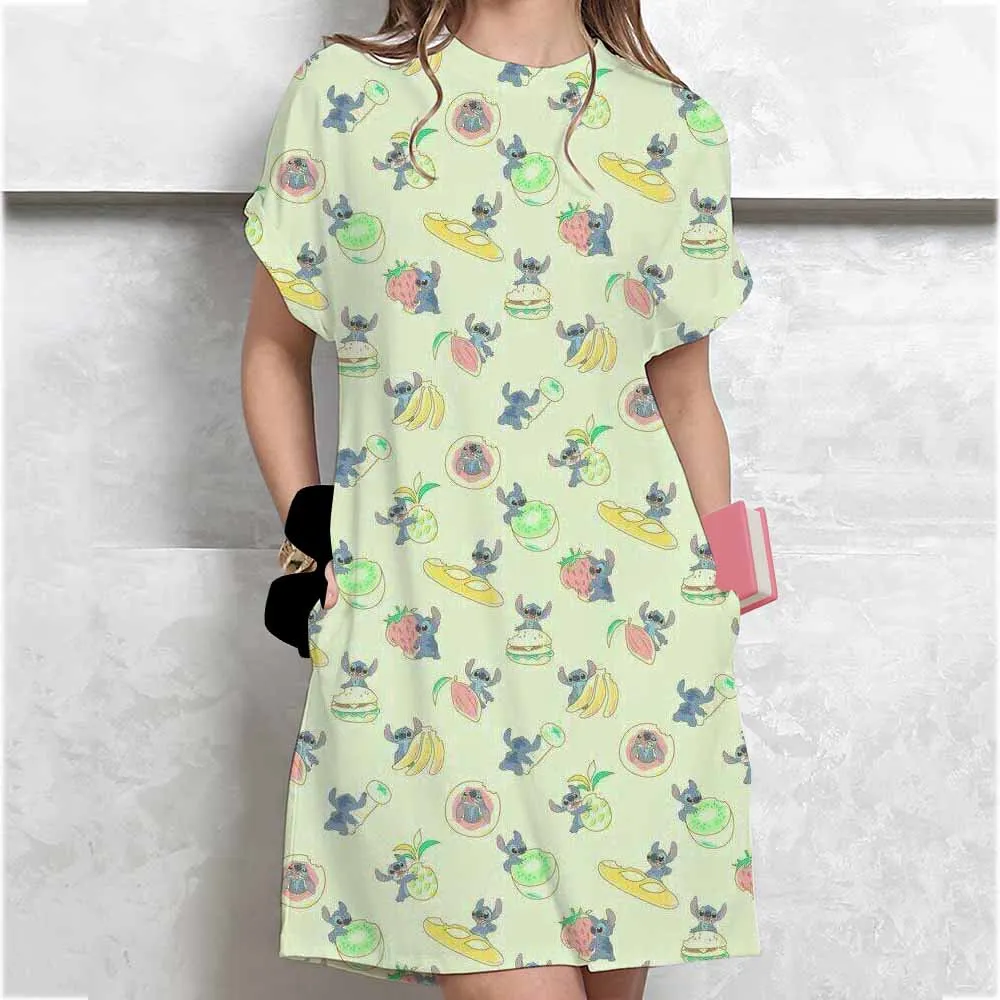 Disney Stitch sukienka z nadrukiem damska kreskówka z krótkim rękawem T-shirt z okrągłym dekoltem sukienka modna spódnica do spania codzienny podstawowy strój