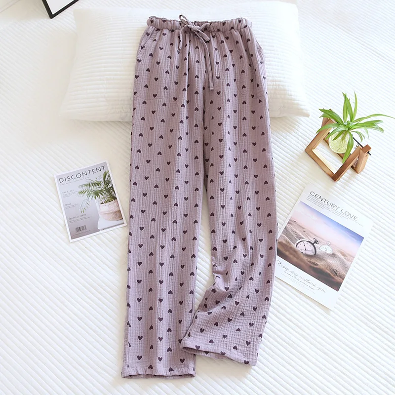 Cotton Pajama Pants Woman Love Print Trousers Double Layer Gauze Home Trousers Casual Simple Ladies Sleeping Pants Loose Lace-Up