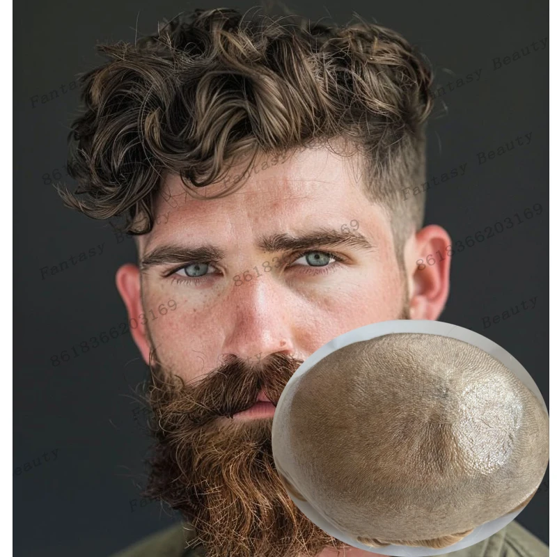 

Необнаружимый легкий вес 80-90 Плотность Супер тонкий 0,02 мм Кожа База Мужчины 28 мм Вьющийся парик Европейские светлые человеческие волосы Мужские парики