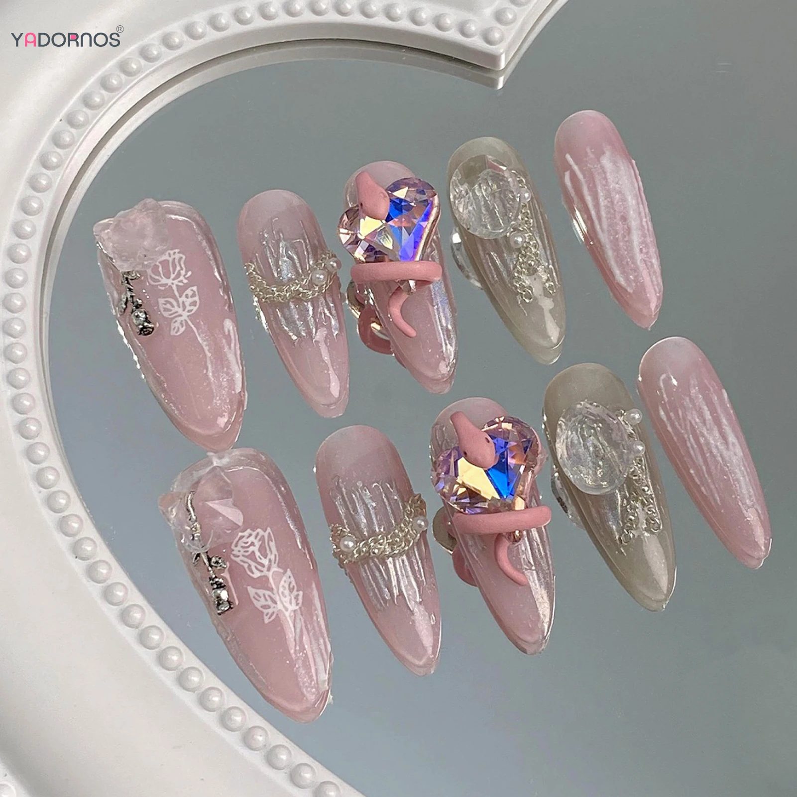 10Pcs Pink Handmade Fake Nails Almond Full Cover Press on Nails Tips Rhinestone Design Wearable False Nails Tips for Women Girls