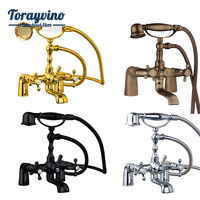 Torayvino Antique Brass Deck Mounted Dual Handles Chrome Polish Gold Plate Shower Bathroom Basin Sink Bathtub Tap Mixer Faucet