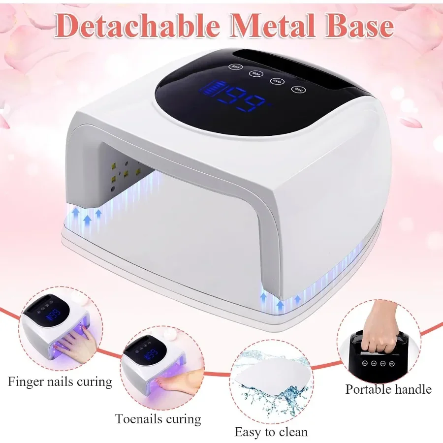 مصباح أظافر LED لاسلكي بالأشعة فوق البنفسجية بقدرة 96 وات مصباح أظافر للأشعة فوق البنفسجية لطلاء الأظافر ومجفف أظافر محمول ومصباح أظافر محمول مع 4 مؤقت وشاشة LCD