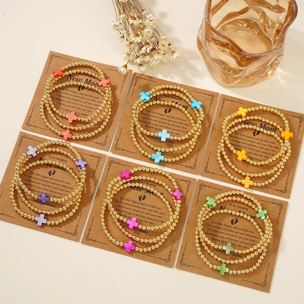 

Go2boho 3PCS Colorful Cross Bead Bracelet Set with Gold Beads Adjustable Friendship Bracelets for Women Summer Card Gift