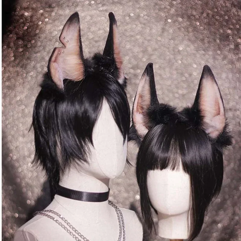 

Handmade Work Dobermann Dog Ears Hairhoop Headwear for Game Party Cosplay Prop Custom Made Couple Hair Band