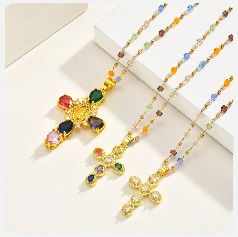 Vnox Mehrfarbige CZ-Steine Kreuz-Anhänger-Halskette für Frauen, vergoldet, bunte Zirkon-Religionskette, christlicher Schmuck – Detail 6