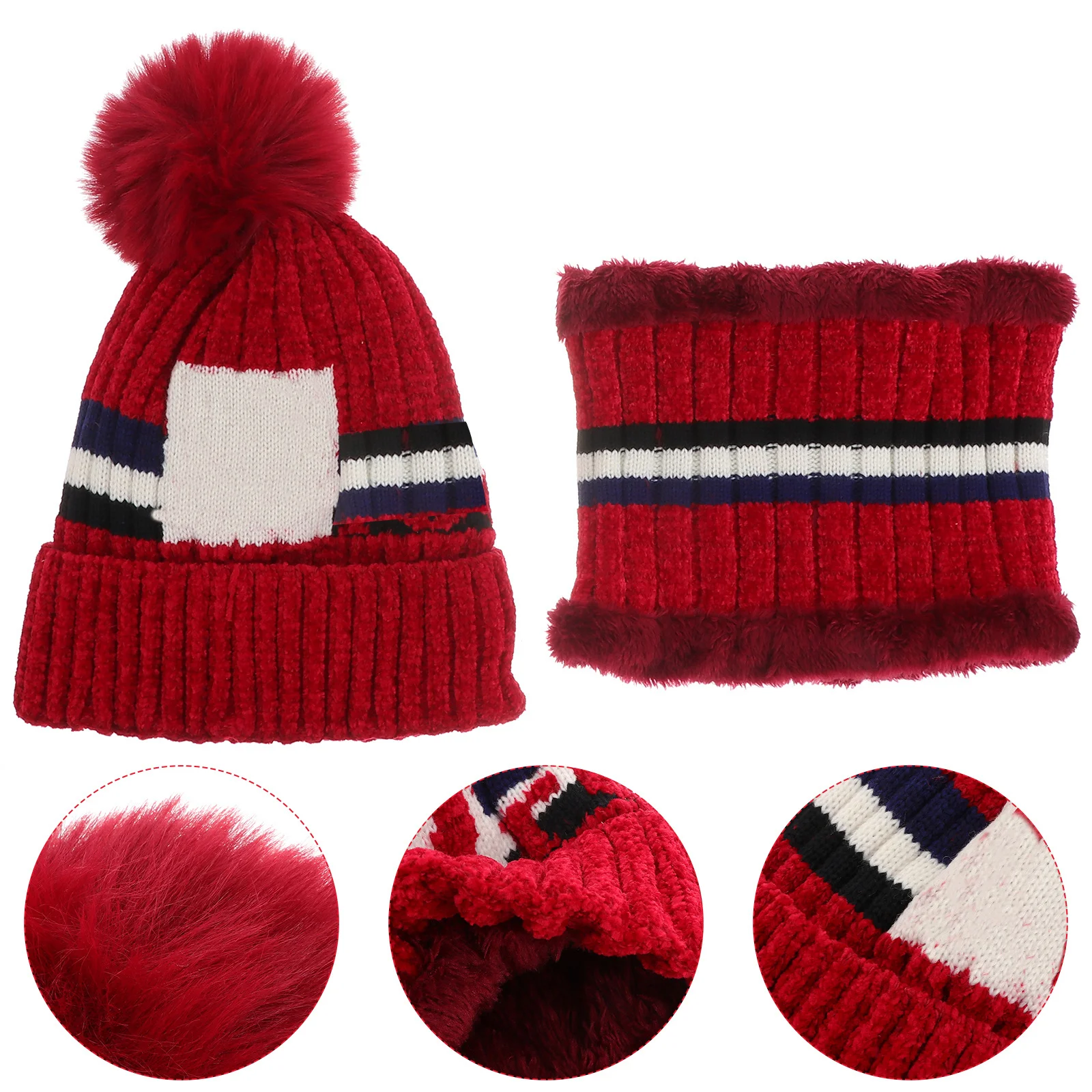 2 em 1 inverno cachecol de malha chapéu vermelho escuro multifuncional pescoço mais quente feminino crochê gorro macio quente malha boné tempo frio