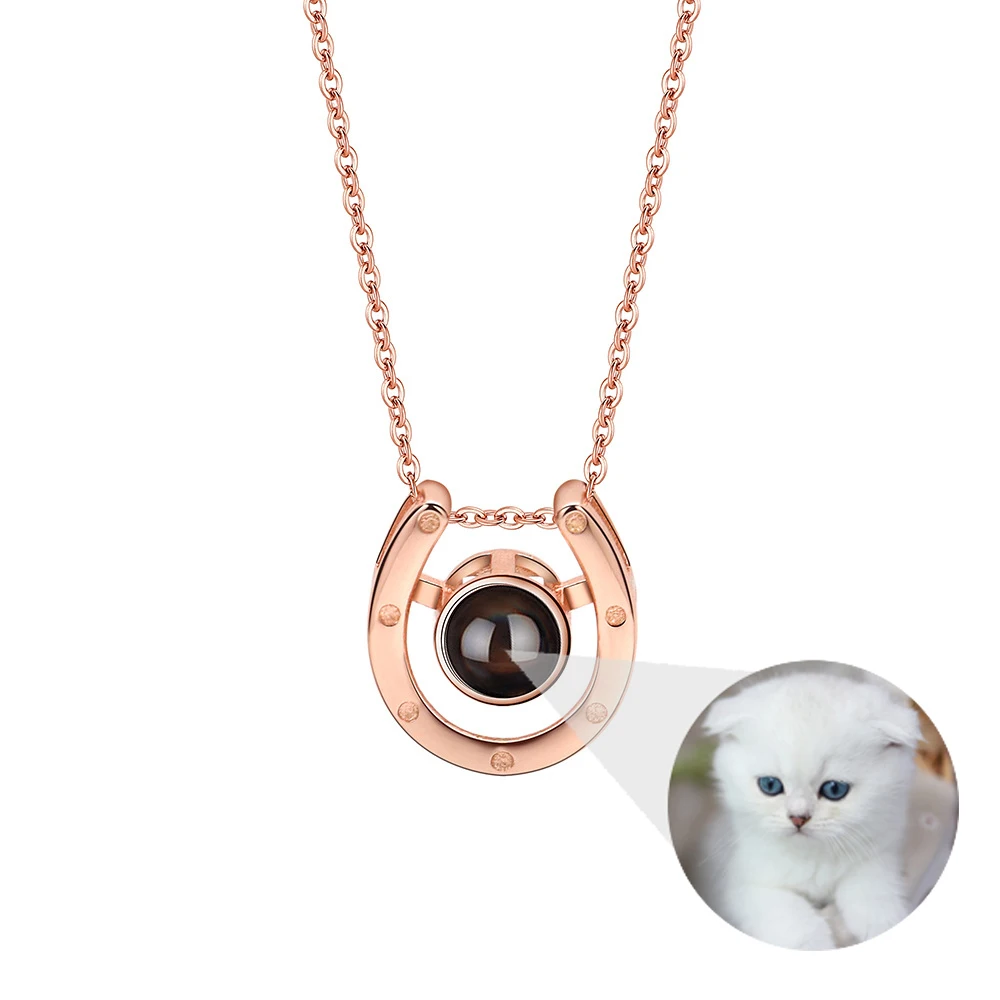 S925 Sterling Silver Projection Necklace for Women Personalized Custom Photo Horseshoe Pendant Choker Necklace Memory Jewelry