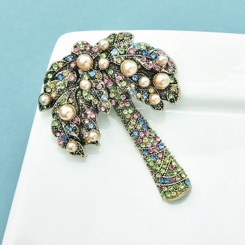 Elegant Women Sparkling Rhinestone Coconut Tree Brooches Unisex Badges Pearl Beautiful Plants Party Office Casual Brooch Pins