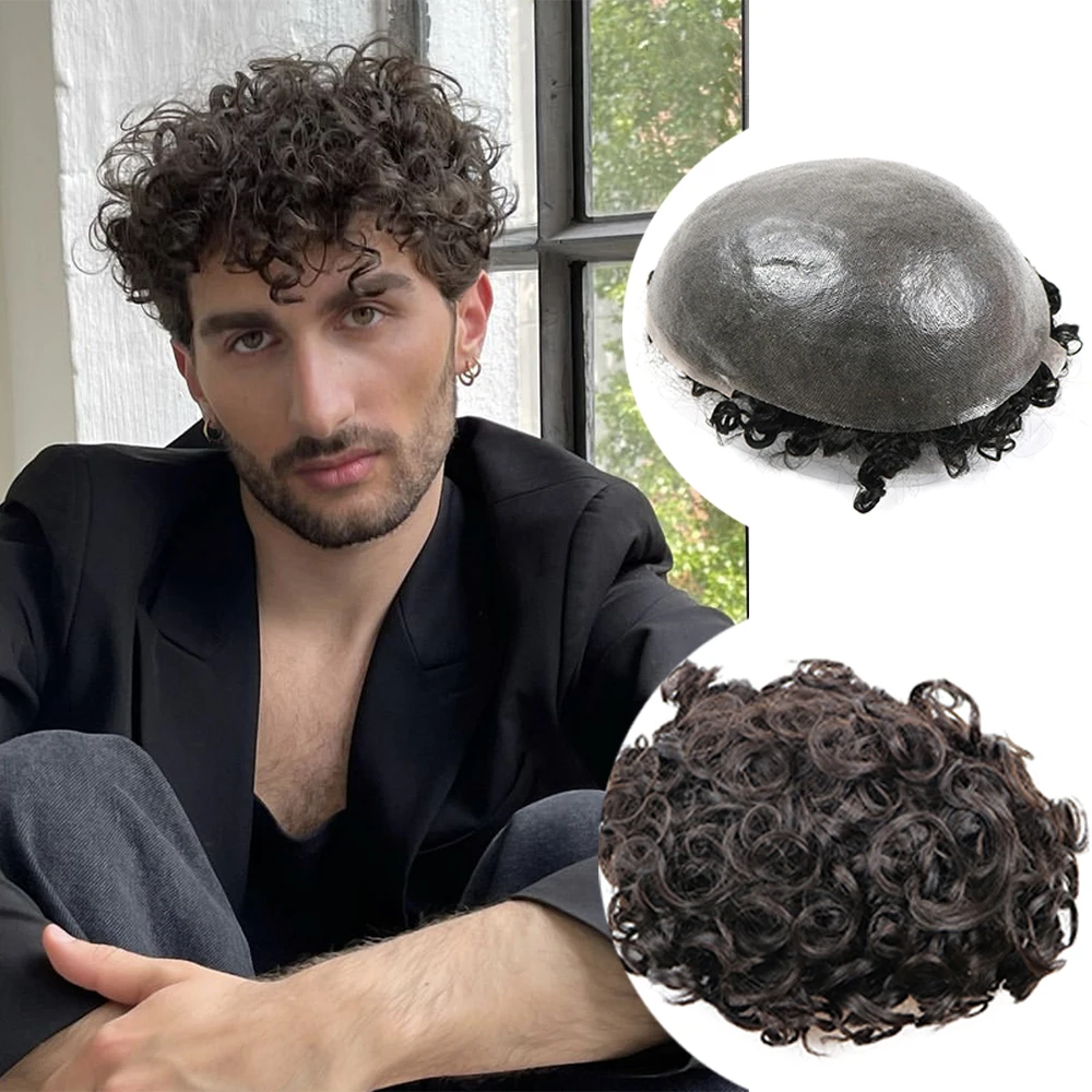 Breathable 20mm Curly Pu Base Super Thin Skin Men Toupee 100% Human Hair Wigs Replacement Capillary Prosthesis Curly Hair Unit