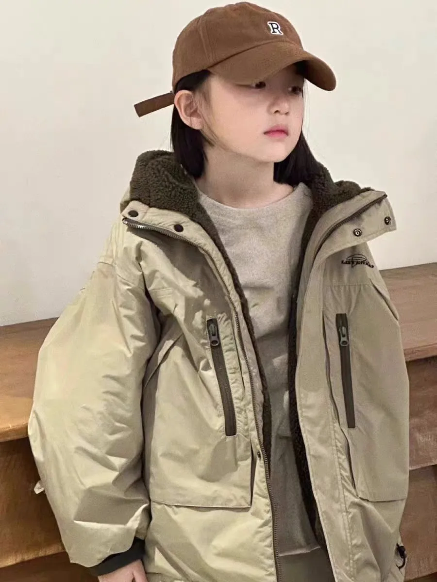 

Winter Warm Girls Boys Hooded Zip Fleece Track Reversible Jackets School Kids Thick Coat Top Children Outfit Windbreaker 5-16Yr