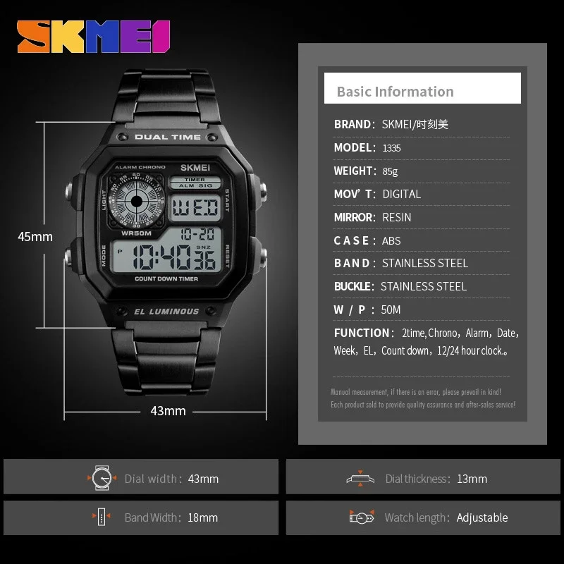 Skmei-Relógio digital masculino com pulseira de aço inoxidável, relógios esportivos impermeáveis, 5Bar, 1335