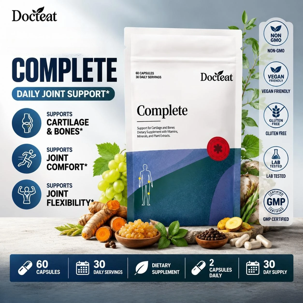 Docteat Complete Capsules with Glucosamine Sulfate and Chondroitin Sulfate, Supports Cartilage and Bones, 60 Capsules