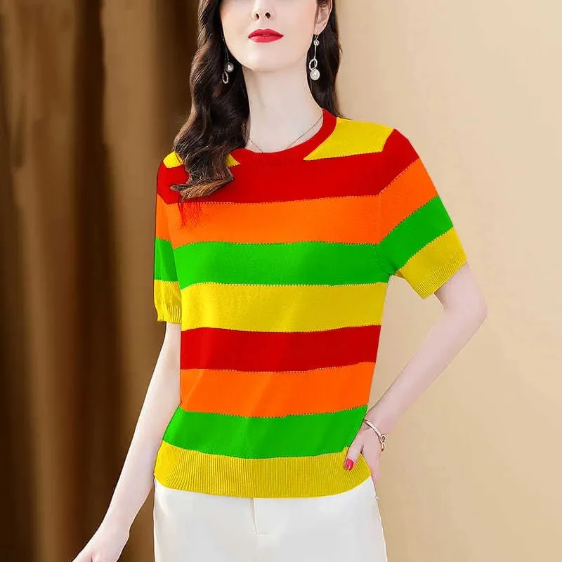 Women Striped Ice Silk Knitted Short-sleeved Thin T-shirt Pullover 2023 Summer New Casual Joker Temperament Ladies Top Undercoat