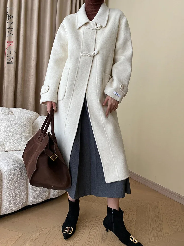 

[LANMREM] Fashion Wool Warm Coats For Women Lapel Single Breasted Office Lady Long Outwear Female 2024 Winter New 26C357