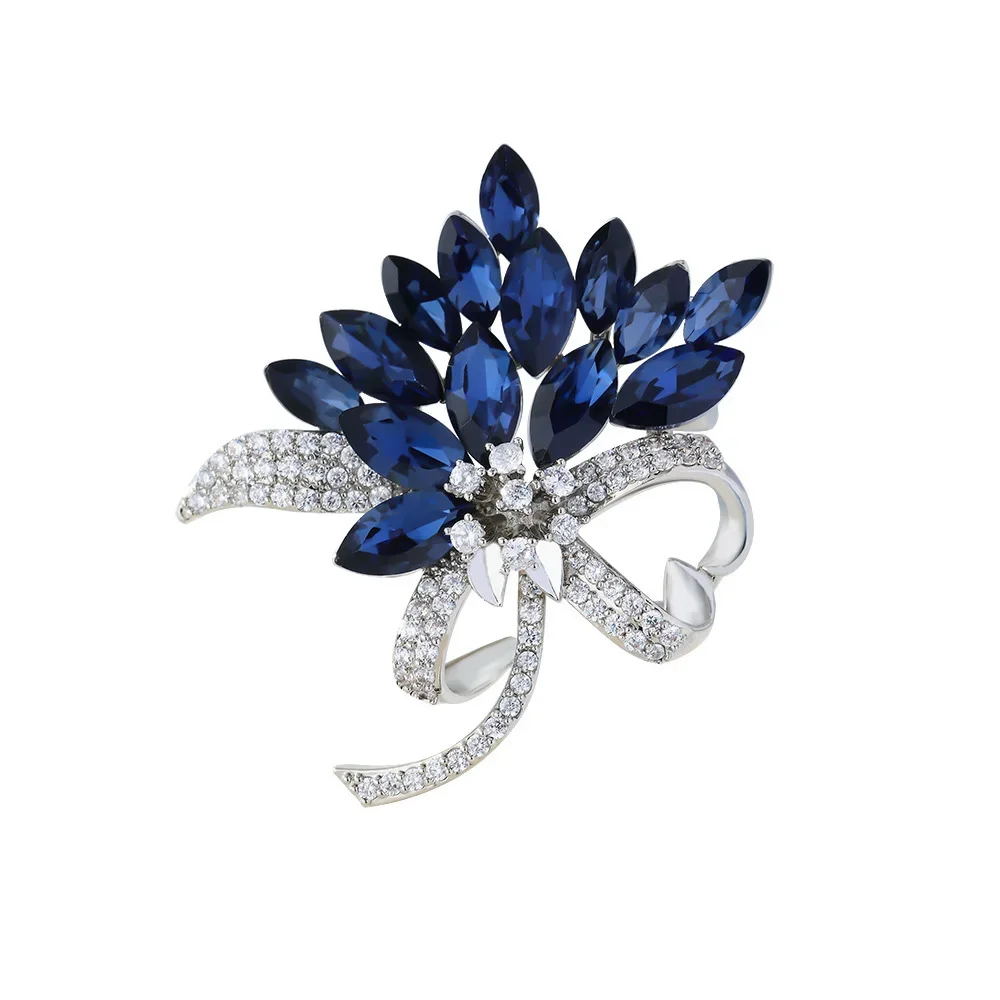 Luxury Design Blue Crystal Bauhinia Bouquet Brooches Women Rhinestone Brooch Clothing Accessories Jewelry Gifts for Daily Wear
