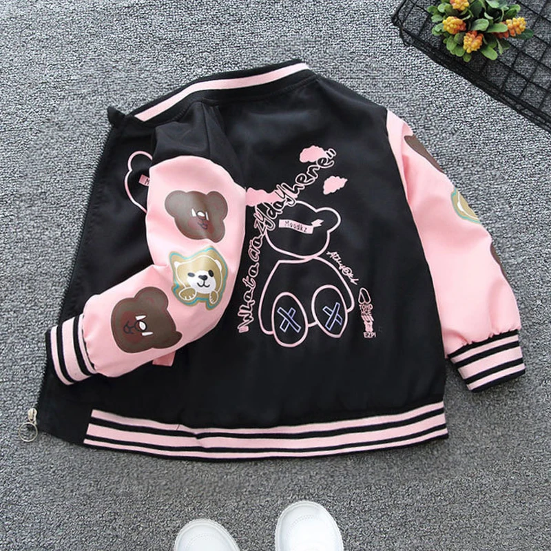 2024 Spring Autumn New Boys Girls Jacket Cartoon Bear Letter Print Baseball Uniform For 2-12 Years Children Sports Outerwear