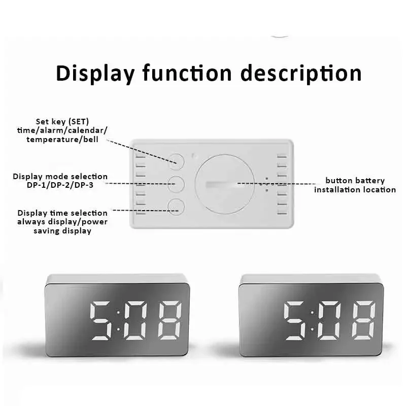 흰색 LED 거울 테이블 시계, 스누즈 디스플레이 시간 야간 조명, 데스크탑 USB 알람 시계, 홈 장식, 1PC