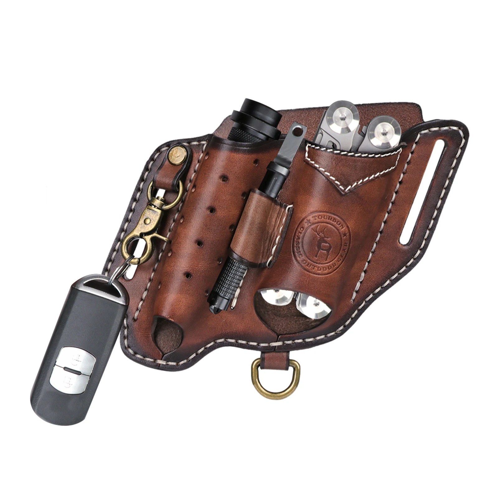 Imagem -02 - Tourbon-couro Edc Folding Knife Organizador de Bolso Lanterna Holder Mini Bolsa Faca Chaveiro Brown Camping Acessórios