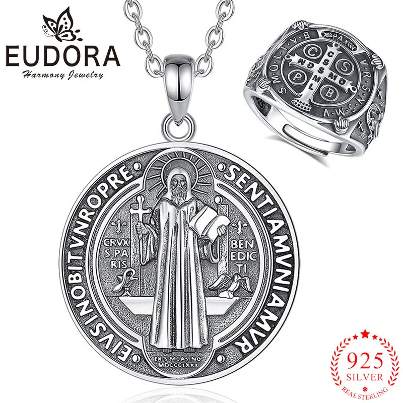

Eudora 925 Sterling Silver Saint Benedict Adjustable Ring Necklace San Benito Pendant Catholic Jewelry Set Vintage Gift for Men