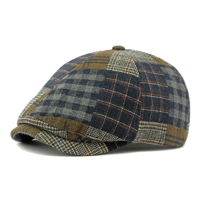 2024 Four Seasons Polyester Plaid Warm Newsboy Caps Flat Peaked Cap Men and Women Painter Beret Hats 122