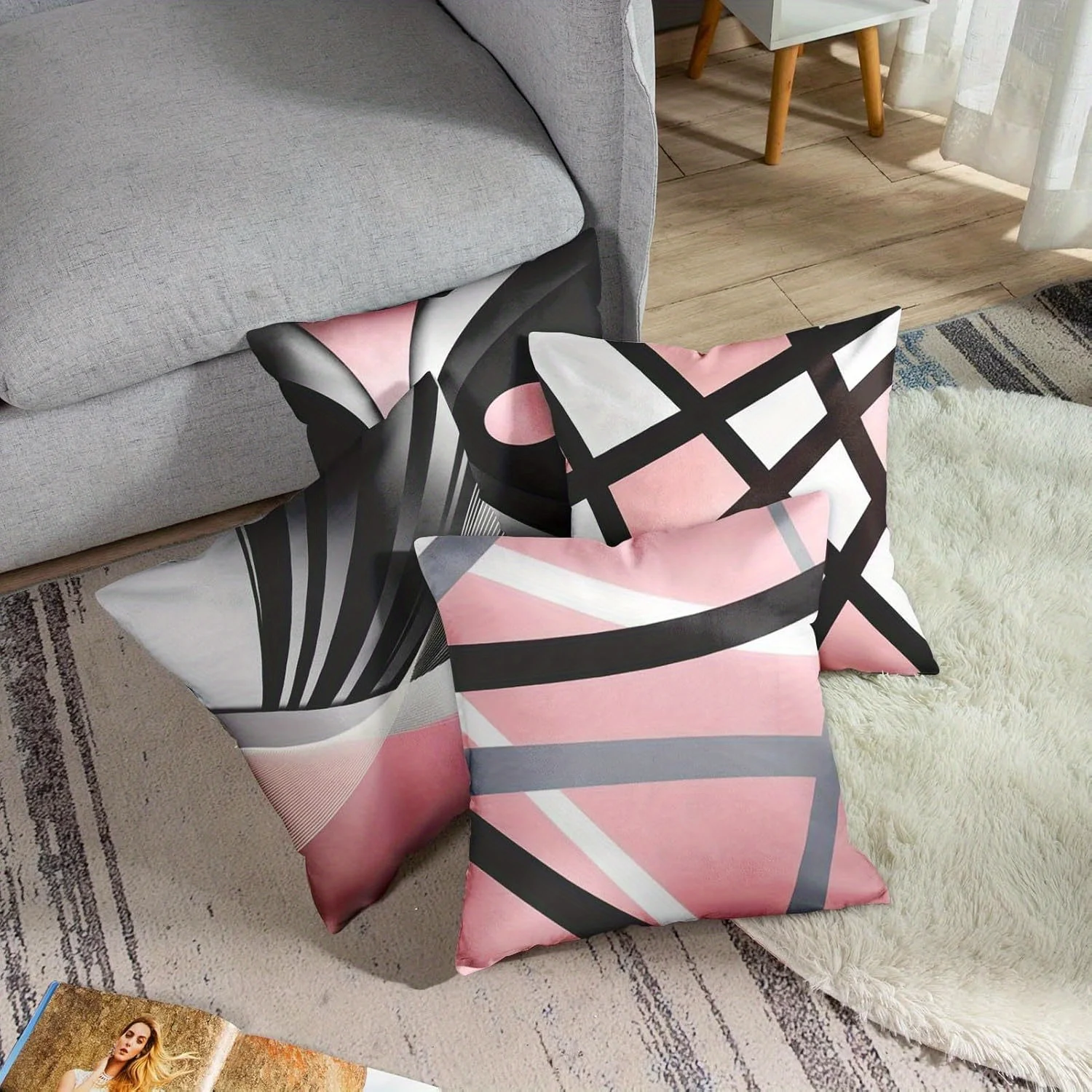 Pink black lines geometric decorative pillowcase, ultra-soft polyester material living room sofa back car pillowcase decoration