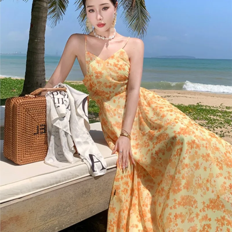 Vacation Seaside Atmosphere Beach Floral Skirt Fitted Waist Backless Strap Dress for Women Summer