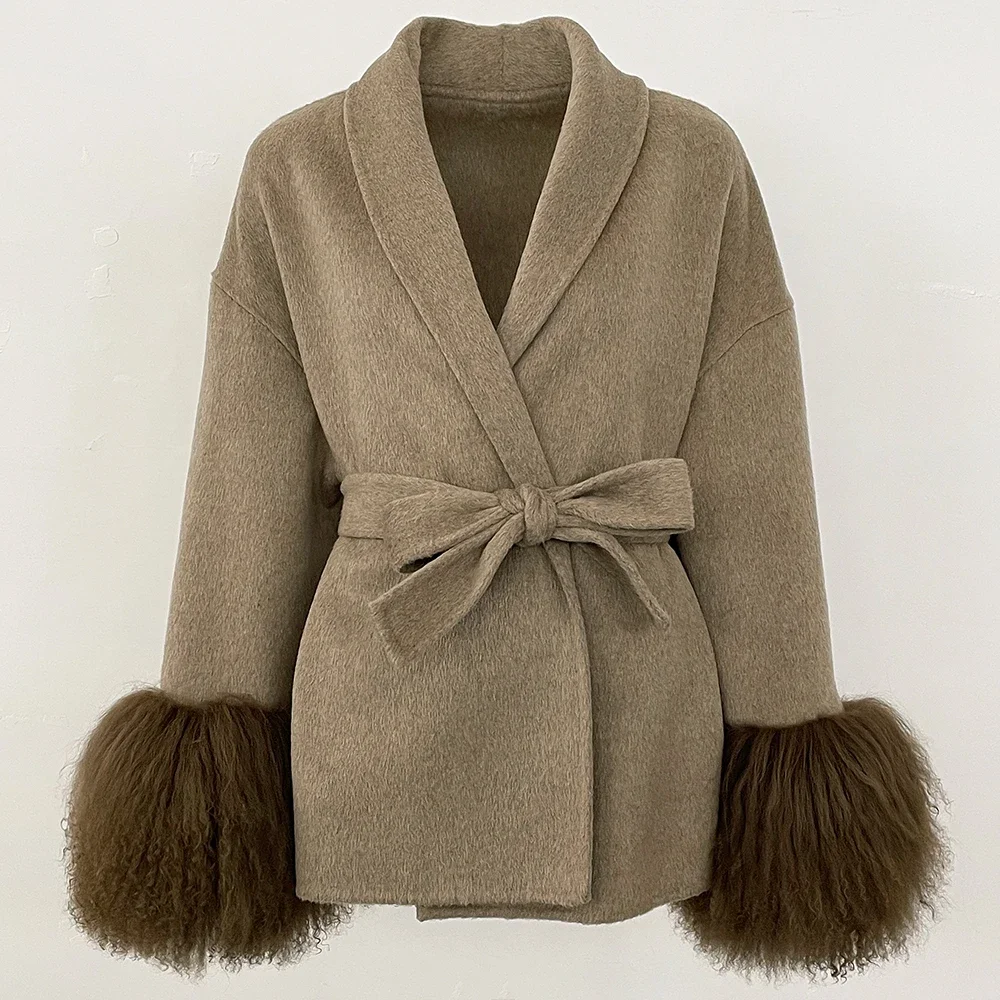 Elegant Woolen Lady Overcoat Fox Fur Wool Coat Patchwork Woolen Coat Beautiful Mongolian Fur Women Wool Jacket Autumn Spring