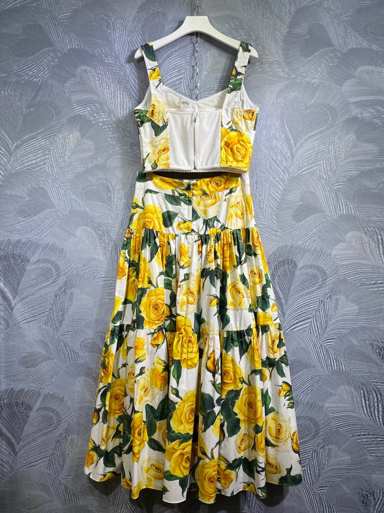 SEQINYY 100% Cotton Suit Summer Spring New Fashion Design Women Runway High Quality Crop Top + Long Skirt Vintage Yellow Flower