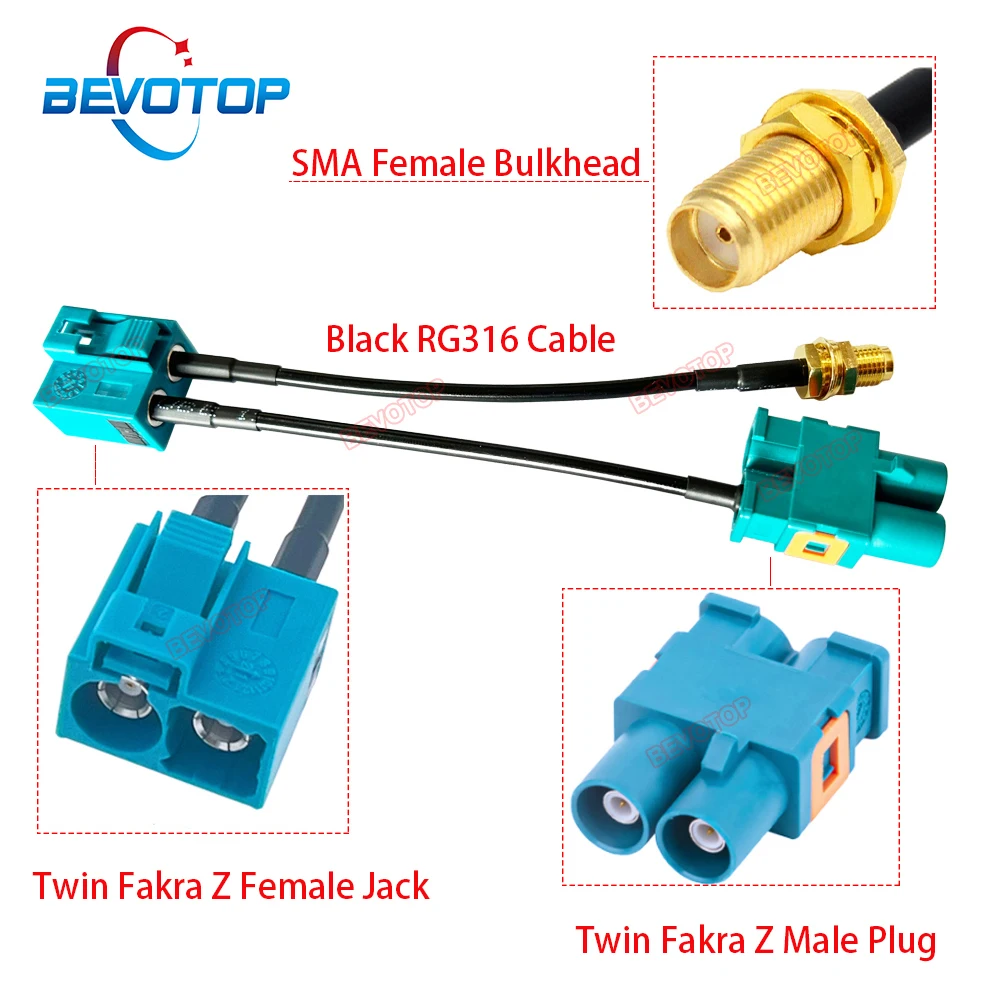 1PCS BEVOTOP Twin Fakra Z to Fakra SMA Splitter Black RG316 Cable Custom-made RF Coaxial Cable Junper