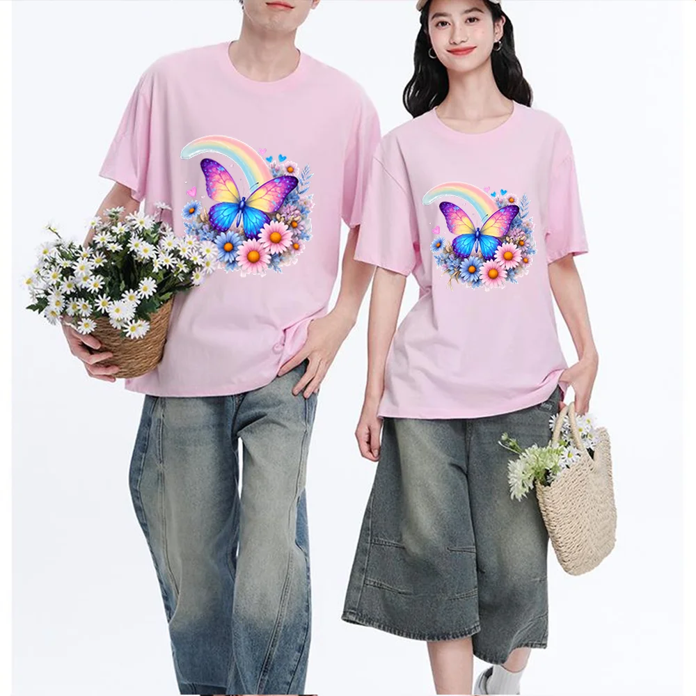 Butterfly Flower Rainbow Heart Printed T Shirt Breathable Fabric S-XXL Personalized Custom Aesthetic Graphic Top Unisex Fit Casu