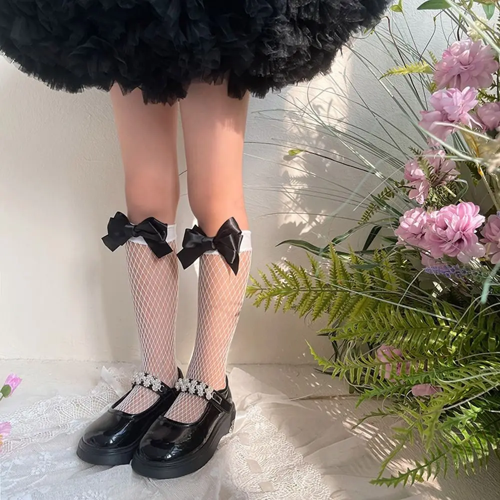 Lolita Fishnet Solid Color Bow-knot Lace Jacquard Socks Girls Calf Socks Kids Hosiery Korean Style Socks Middle Tube Socks