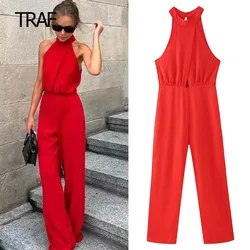 TRAF-monos Halter con volantes para mujer, mono rojo recortado, sin mangas, largo, de cintura media, elegante, otoño