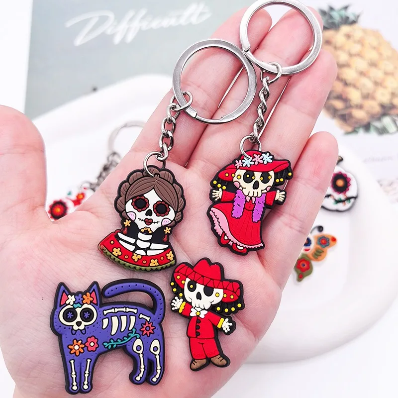 1-30Pcs Mexican Day of the Dead Handbag Keyring Accessories Skull Rabbit Cat Keychain Adult Silicone Home Key Chains