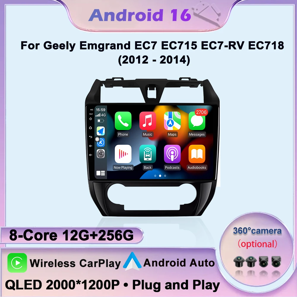 For Geely Emgrand EC7 EC715 EC7-RV EC718 2012-2018 QLED IPS Touch Screen Android 16 System DSP Stereo Car Multimedia Player 4G