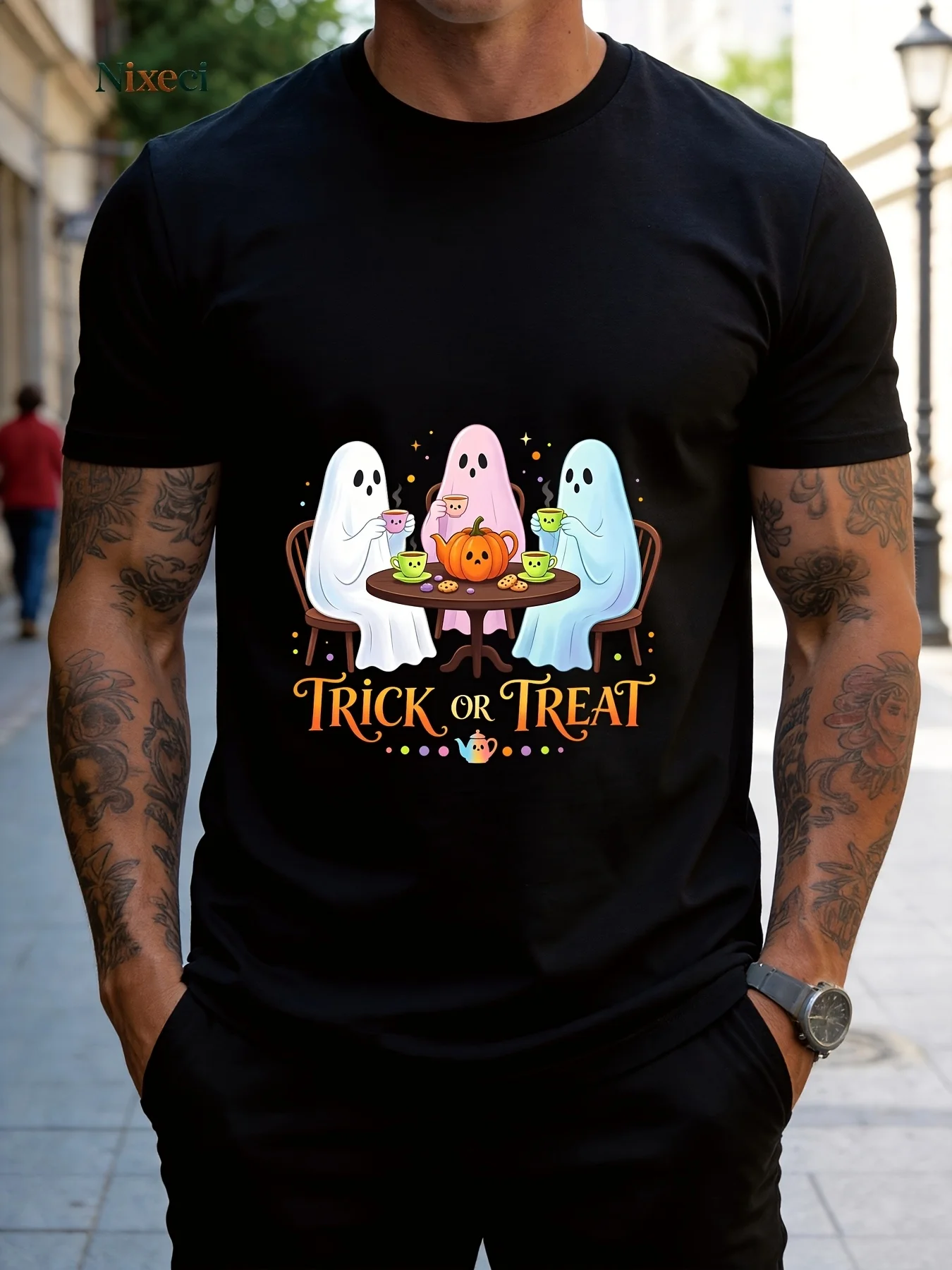 Men'S Black Short Sleeve T-Shirt Cute Pastel Ghosts Tea Party Graphic Tee Trick Or Treat Halloween Casual Summer Holiday Shirt Funny Ghost Pumpkin Design Soft Comfortable Top for Daily Wear Halloween Party Outfit for Men