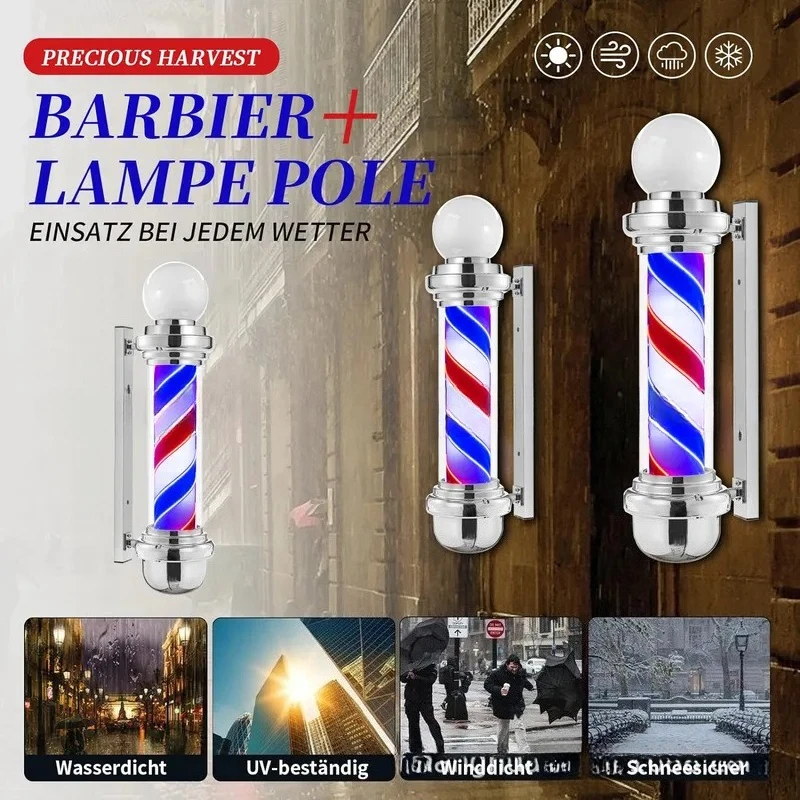 Electroplated Silver Round Bubble Barber Pole Light Waterproof Outdoor LED Hair Signage Classic Rotating Shop Decorate